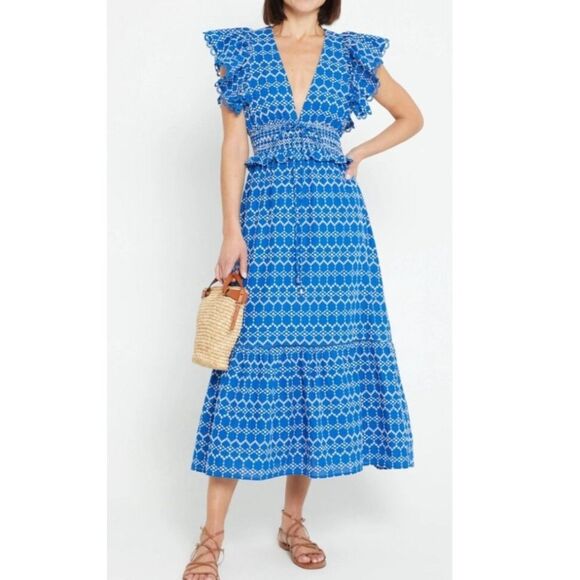 O.p.t Women Blue / White Tiered Maxi dress with V Neckline and Flutter Sleeves L - Picture 1 of 16
